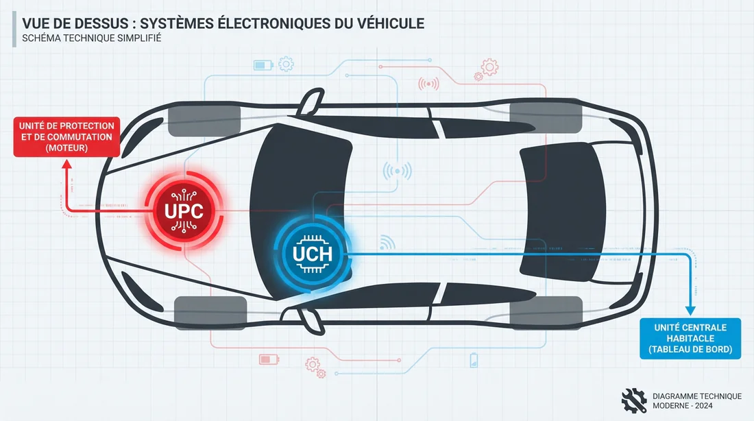 Schéma explicatif montrant l'emplacement de l'UPC sous le capot et de l'UCH dans l'habitacle