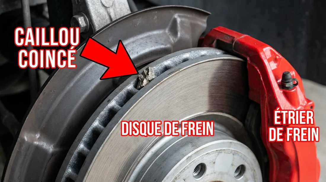 Gros plan technique d'un caillou coincé entre le disque de frein et la flasque.