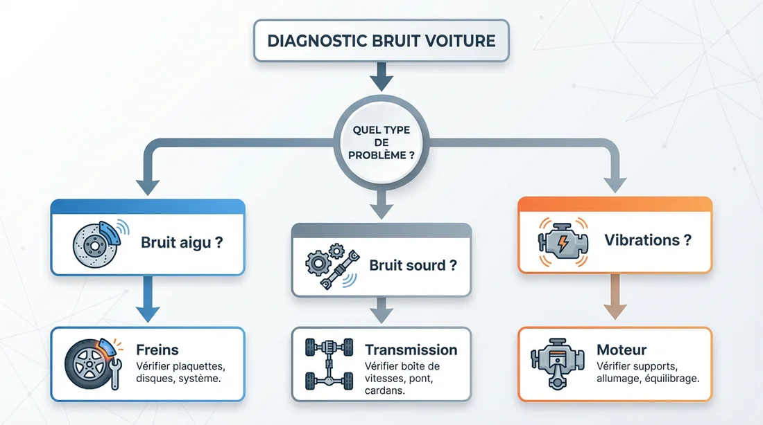 Infographie arbre de décision pour identifier l'origine d'un bruit mécanique.