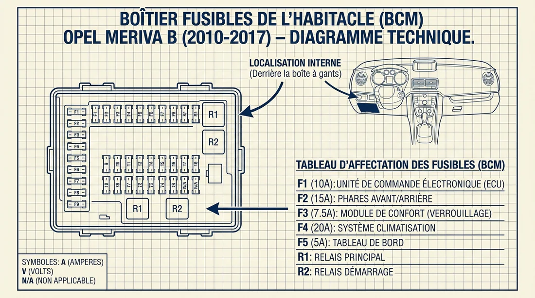 Plan des fusibles du boîtier BCM Opel Meriva B