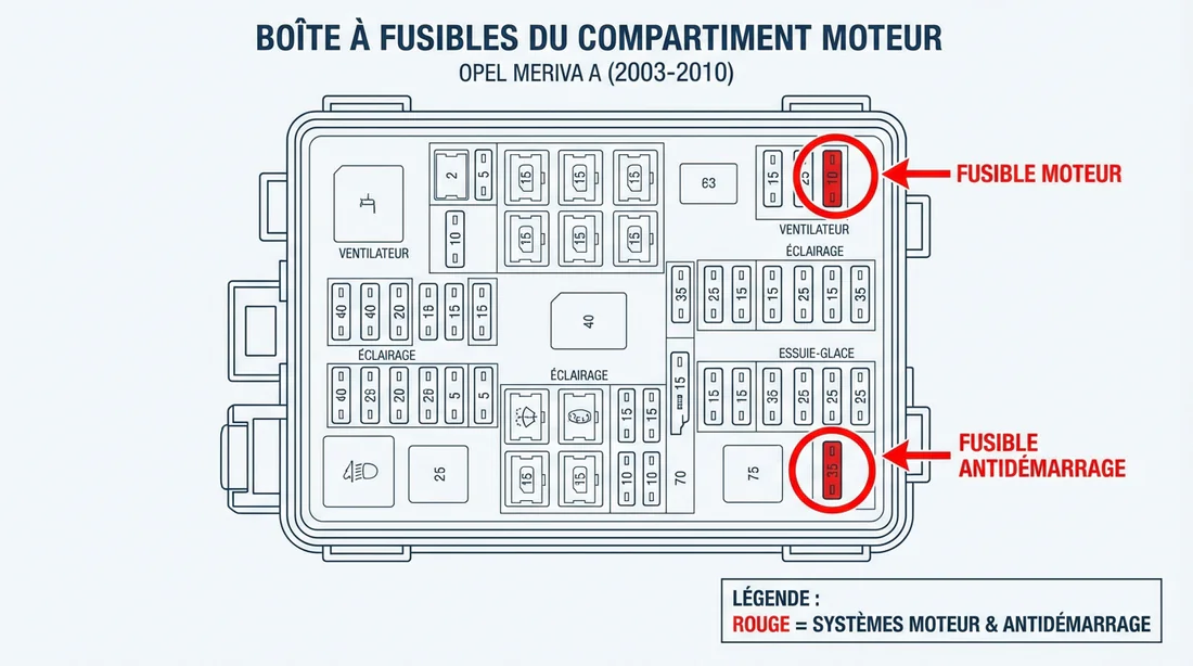 Schéma technique de la boîte à fusibles compartiment moteur Opel Meriva A