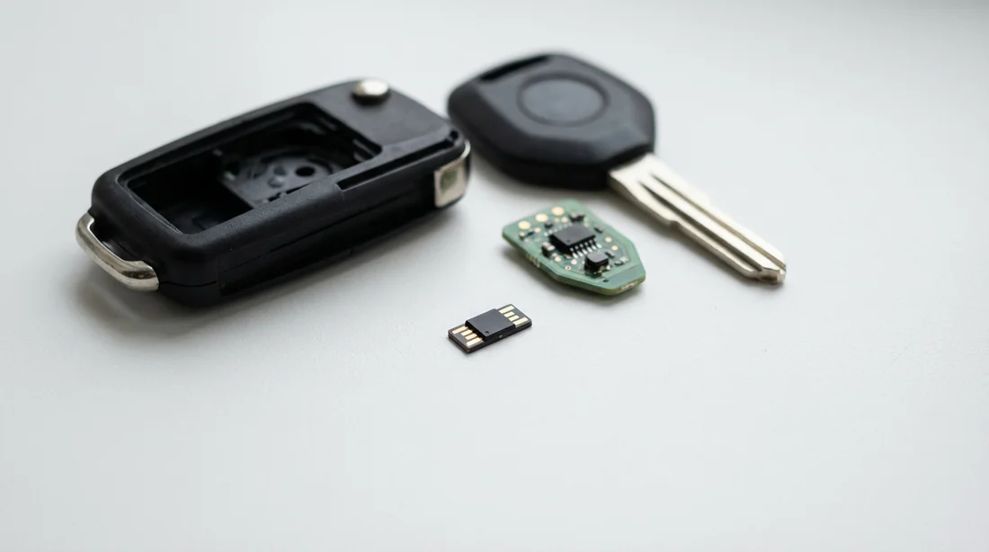 Vue intérieure d'une clé Opel montrant la puce transpondeur anti-démarrage