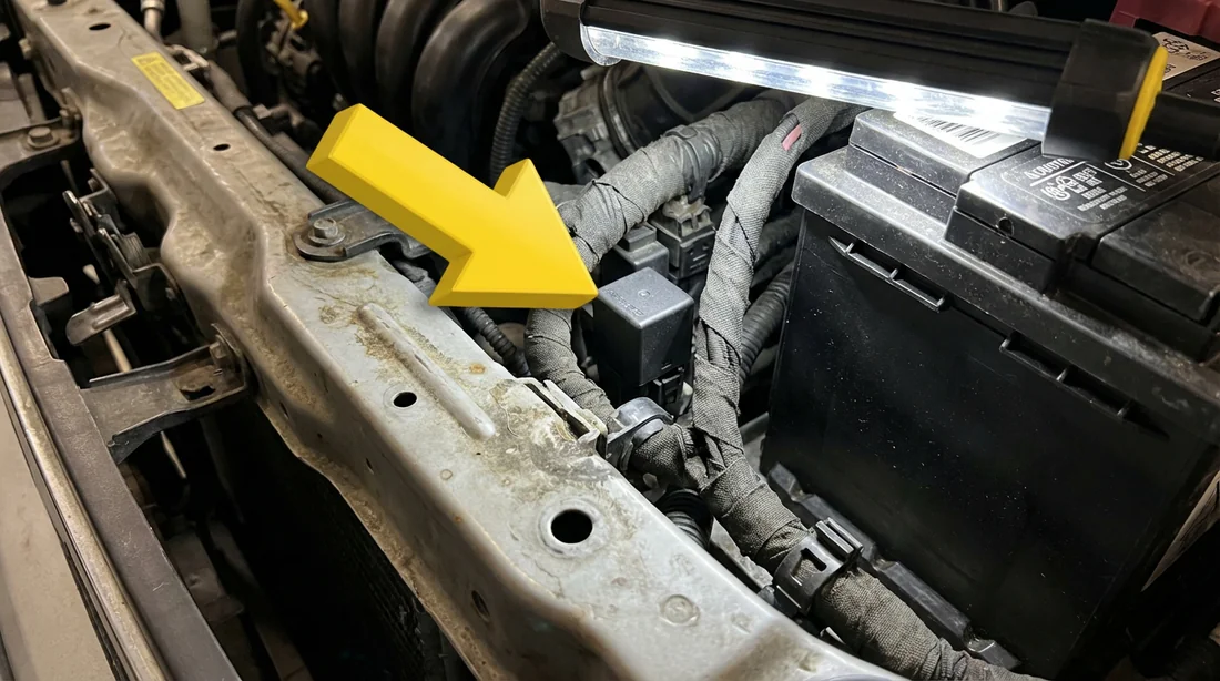 Gros plan sur le longeron côté conducteur indiquant le boîtier de préchauffage