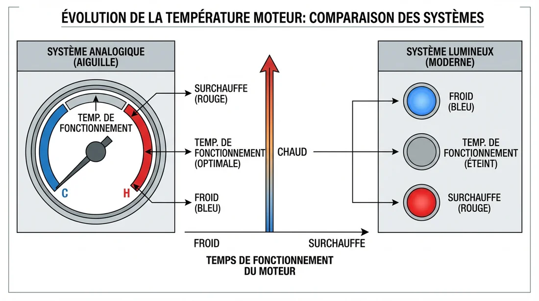 Schéma technique de l'évolution de la température moteur et états du voyant.