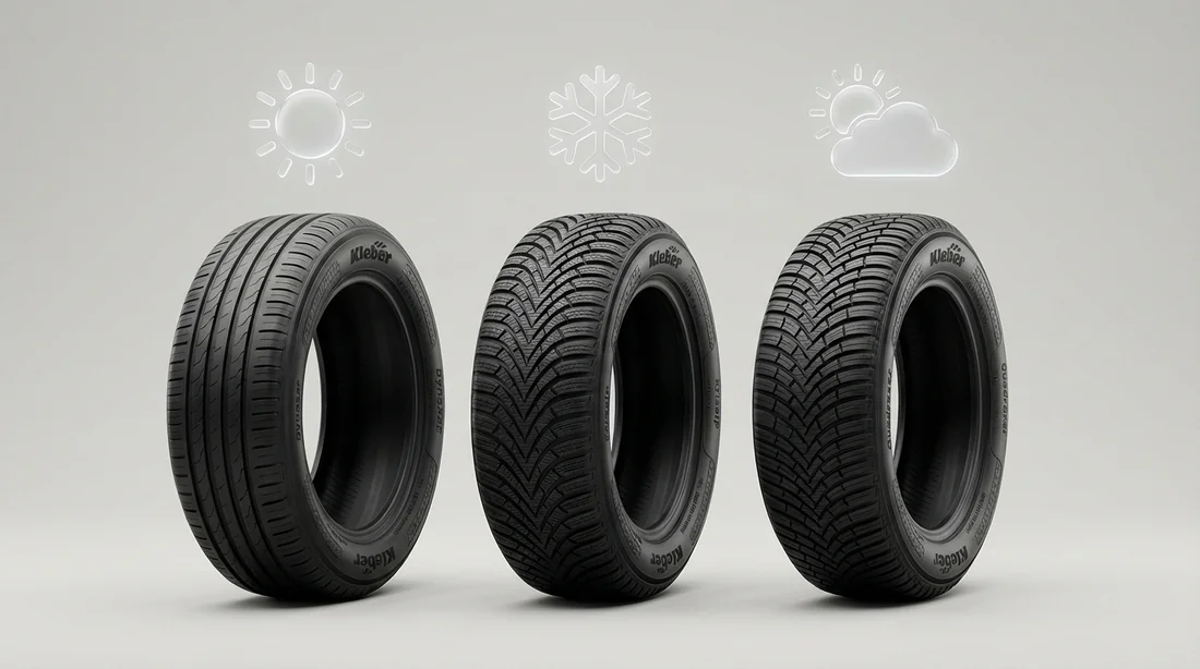 Comparaison des profils Kleber Dynaxer, Krisalp et Quadraxer avec icônes météo.