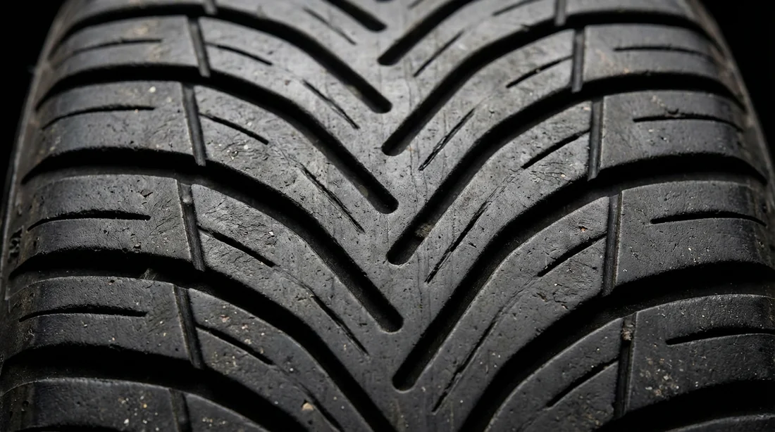 Gros plan sur la sculpture en V d'un pneu Kleber pour l'évacuation de l'eau.