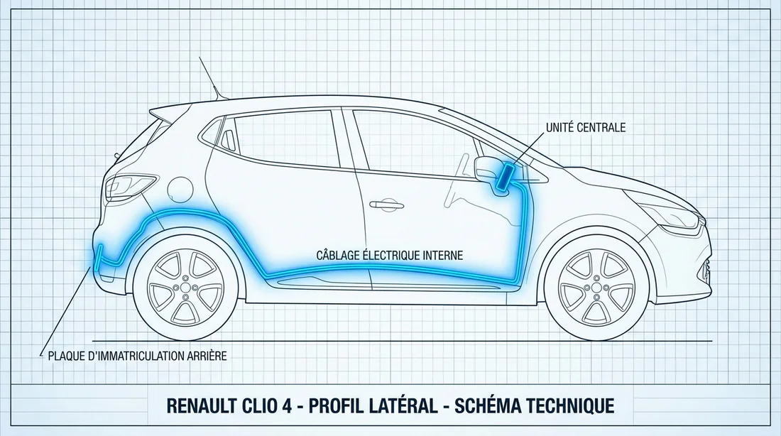Schéma technique montrant le passage des câbles de la caméra de recul dans une Clio 4