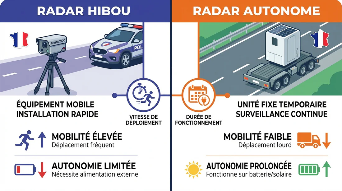 Comparaison visuelle entre le radar mobile hibou et le radar autonome sur remorque