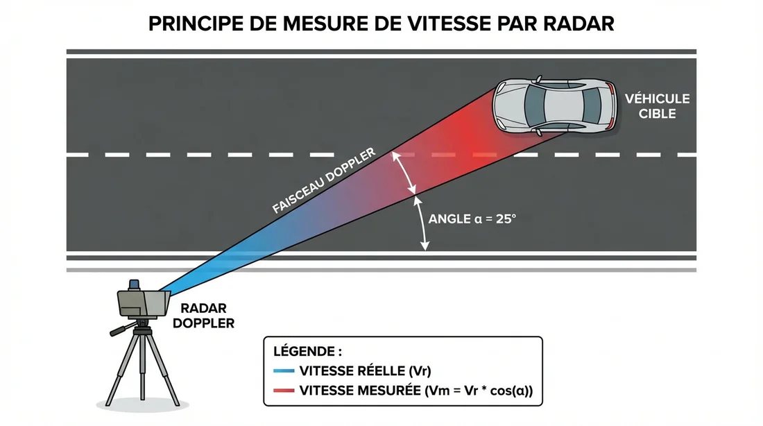Schéma technique montrant l'angle de 25 degrés du faisceau Doppler du radar hibou
