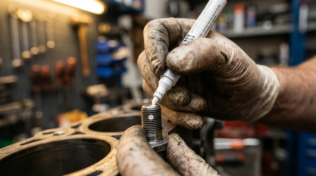 Marquage au feutre blanc sur une vis de culasse pour le serrage angulaire.