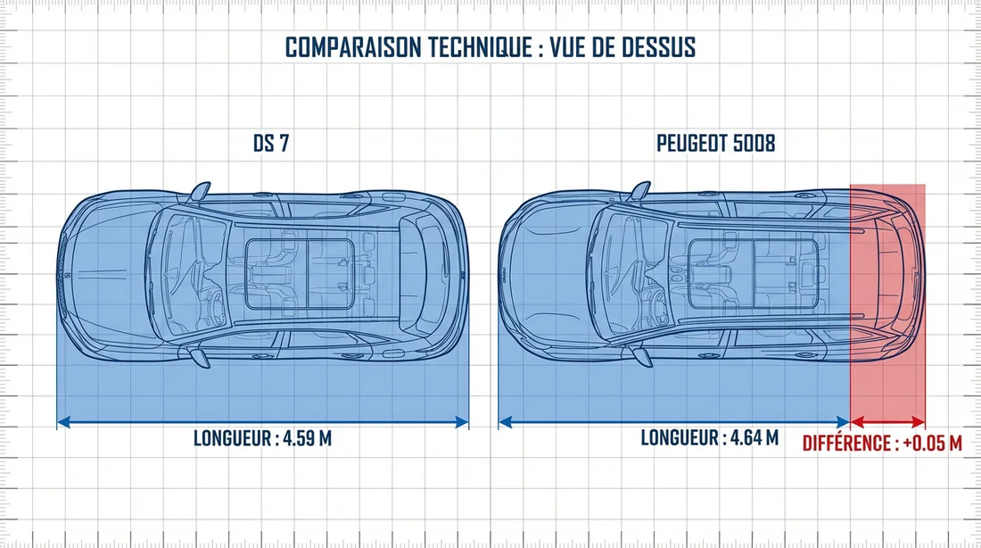 Schéma technique comparatif des dimensions entre DS 7 et Peugeot 5008