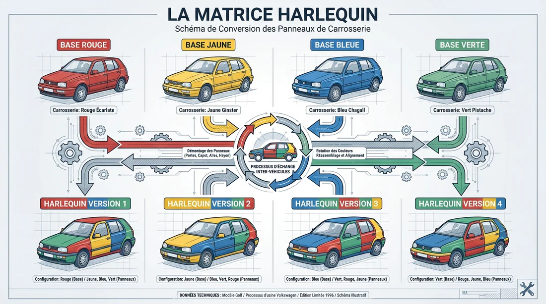 Infographie expliquant la matrice des 4 couleurs de base de la Golf Harlequin.