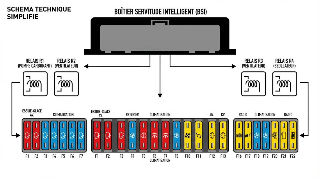 Schéma simplifié du boîtier BSI montrant l'emplacement des relais de l'habitacle.