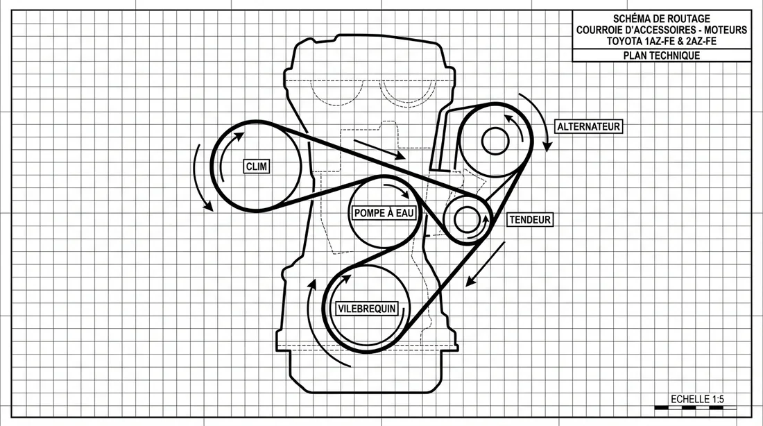 Schéma technique du cheminement de la courroie d'accessoire moteur 1AZ-FE et 2AZ-FE