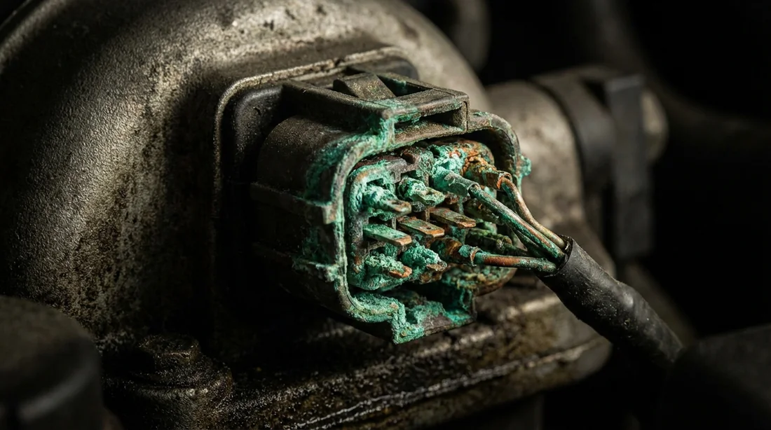 Connecteur électrique de pompe d'additif Peugeot présentant de l'oxydation verte