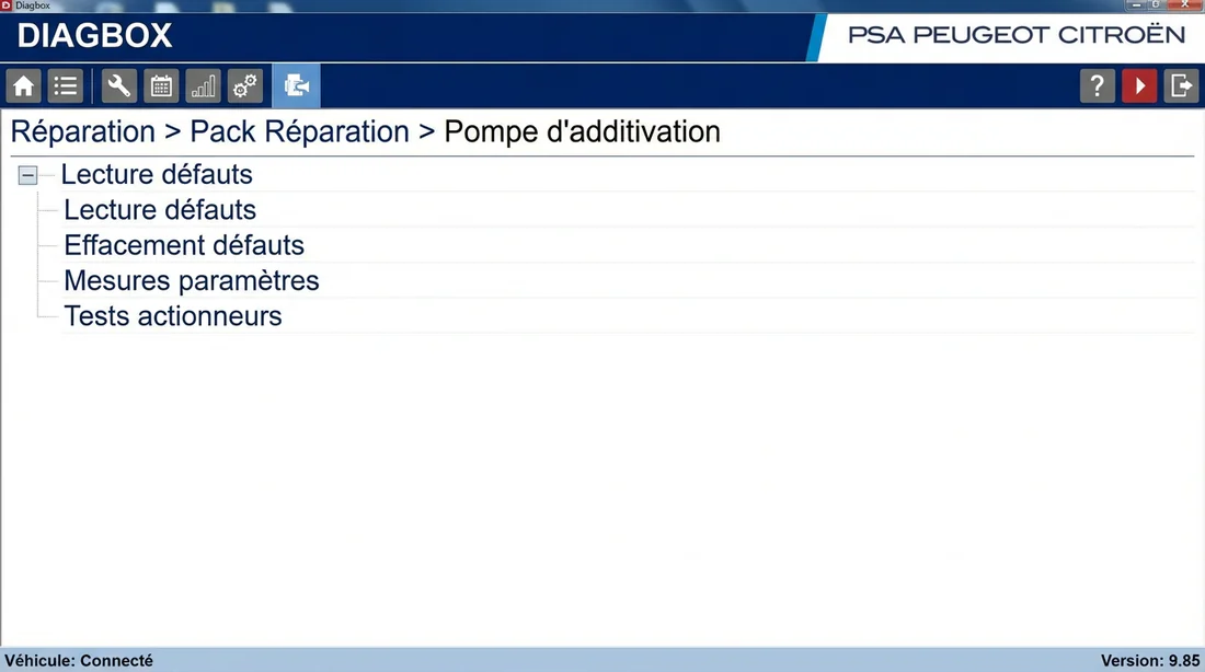 Interface du logiciel de diagnostic Diagbox pour la réinitialisation de la pompe d'additif