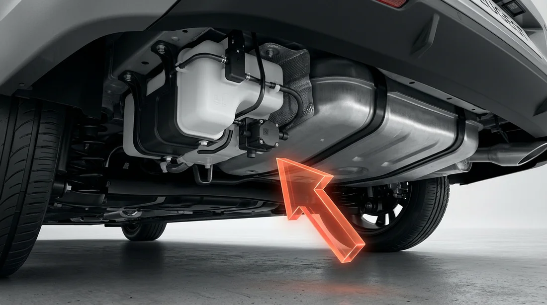 Vue de dessous d'un véhicule Peugeot montrant le réservoir et la pompe d'additif FAP