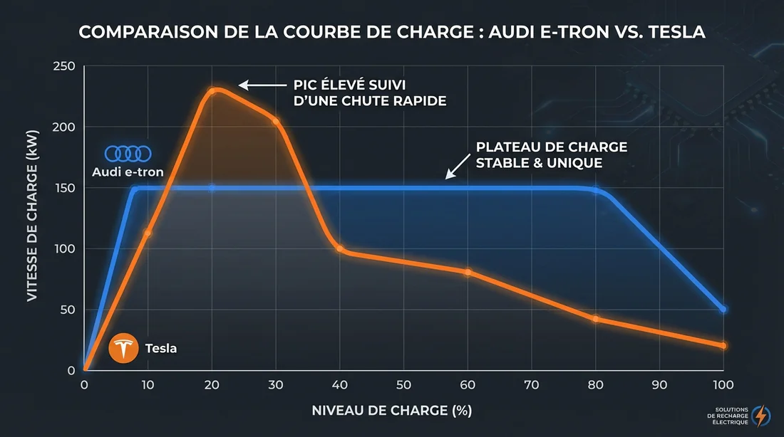 Graphique comparatif des courbes de recharge Audi e-tron vs Tesla