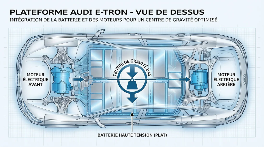 Infographie du châssis Audi e-tron montrant les moteurs et la batterie