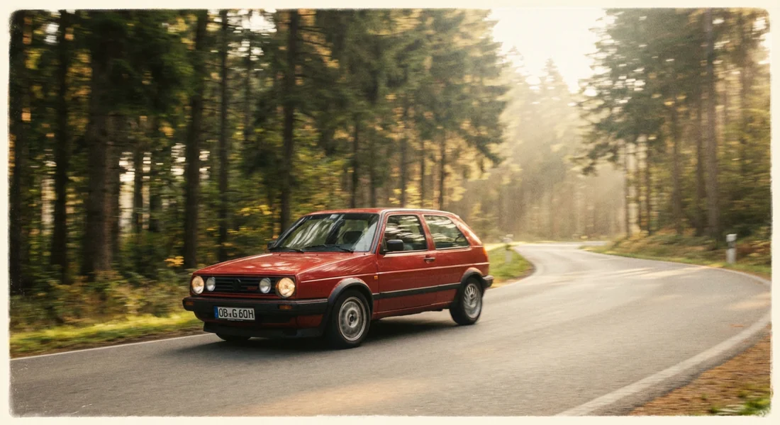 Une Volkswagen Golf 2 G60 historique roulant sur une route de campagne