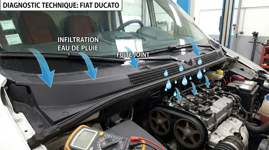 Infiltration d'eau baie de pare-brise Fiat Ducato sur injecteurs.