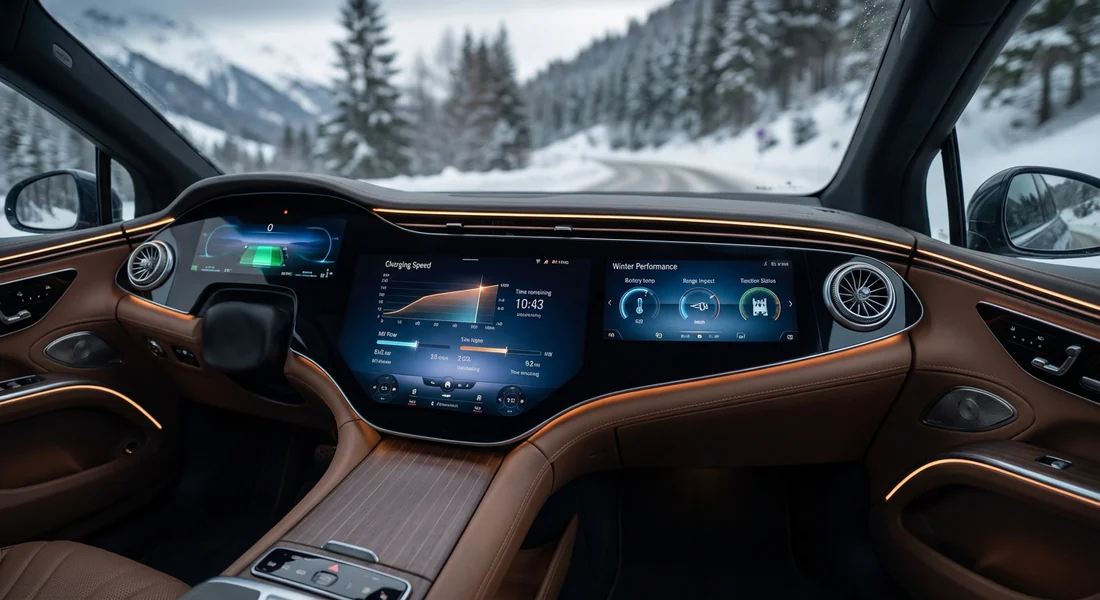 Interface de bord affichant les performances de recharge hivernale.