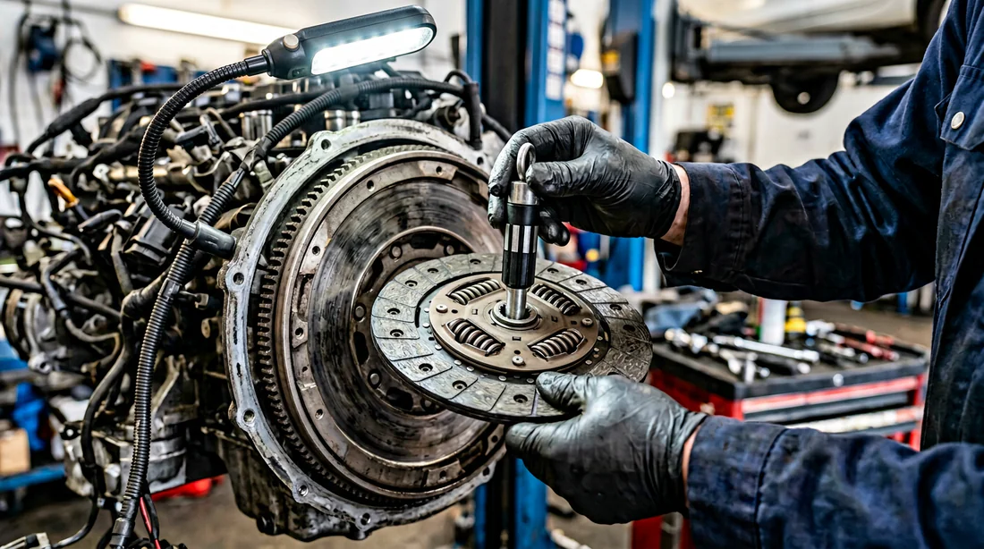 Utilisation d'un centreur d'embrayage pour aligner parfaitement le disque sur le volant moteur bi-masse.