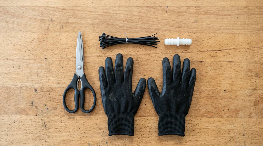 Mécanicien insérant le raccord en plastique blanc dans le tuyau en caoutchouc noir coupé