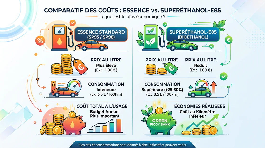 Infographie comparant les coûts entre l'essence classique et le Superéthanol E85
