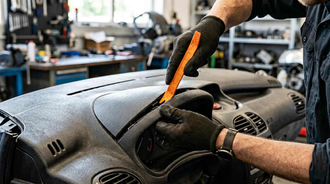 Démontage de la casquette de bord d'une Peugeot 206 avec un outil en plastique