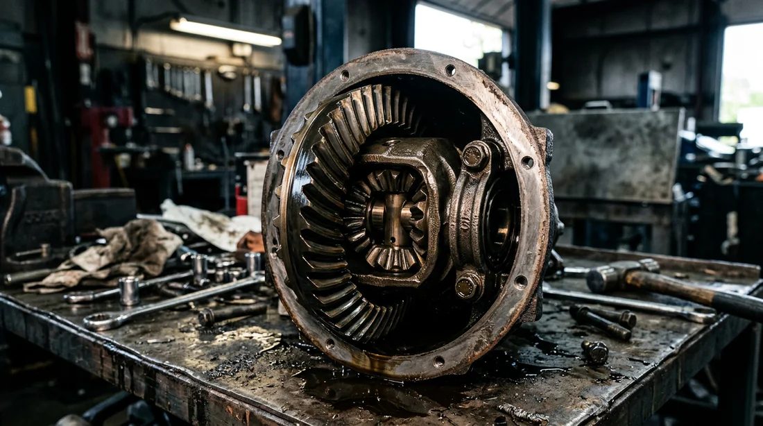 Vue interne des engrenages d'un pont arrière de Mercedes pour analyse de l'usure.