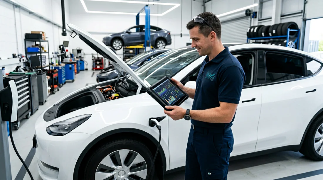 Composants électriques et câblage haute tension sous le capot d'une Peugeot e-208.