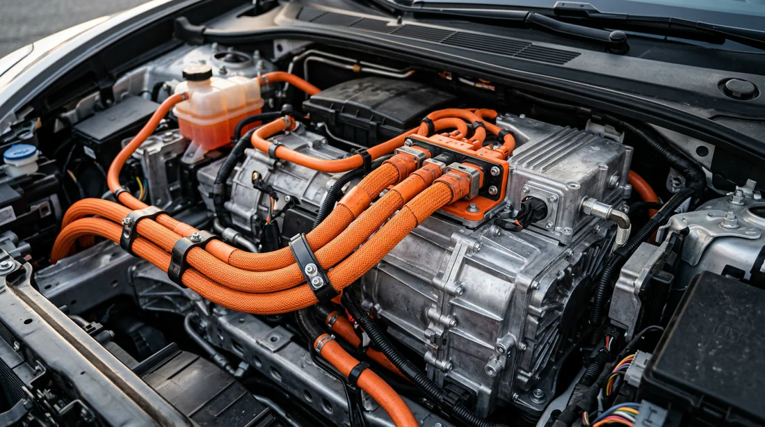 Technicien effectuant un diagnostic électronique sur une voiture électrique Peugeot.