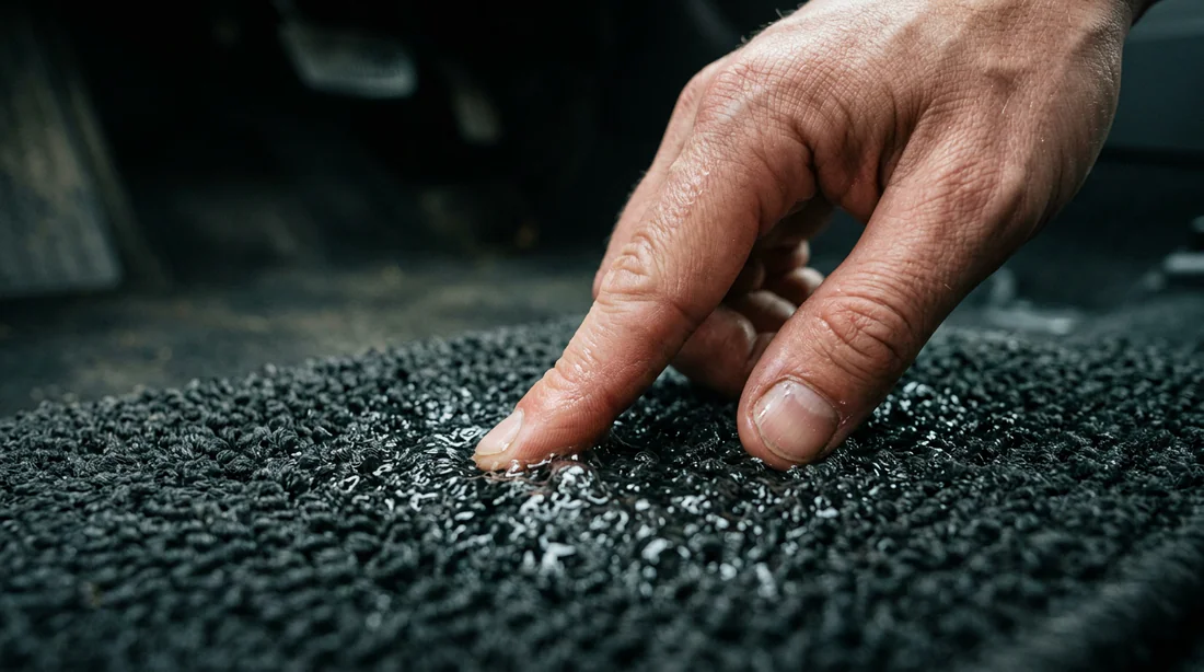 Aspiration de l'eau stagnante sur la moquette d'une voiture avec un aspirateur professionnel.