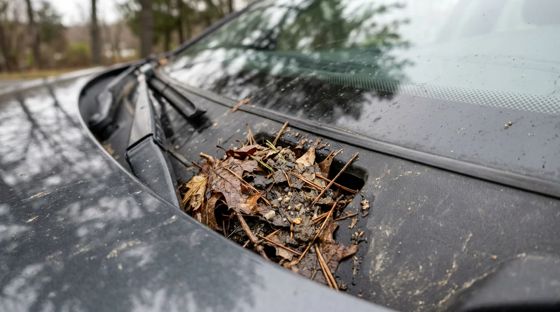 Débris et feuilles mortes obstruant les drains d'évacuation d'eau de la voiture.