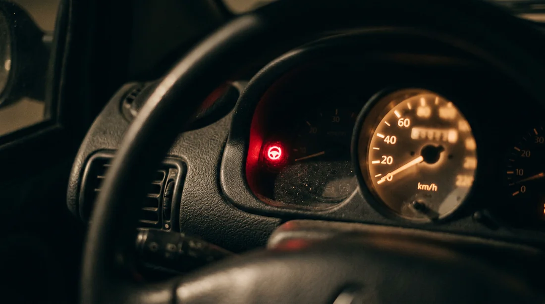Gros plan sur le voyant de direction assistée allumé en rouge sur le tableau de bord d'une Twingo.