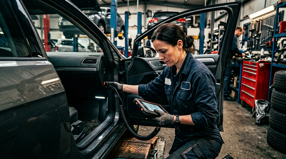 Mécanicien utilisant une valise de diagnostic pour réparer la direction d'une voiture.