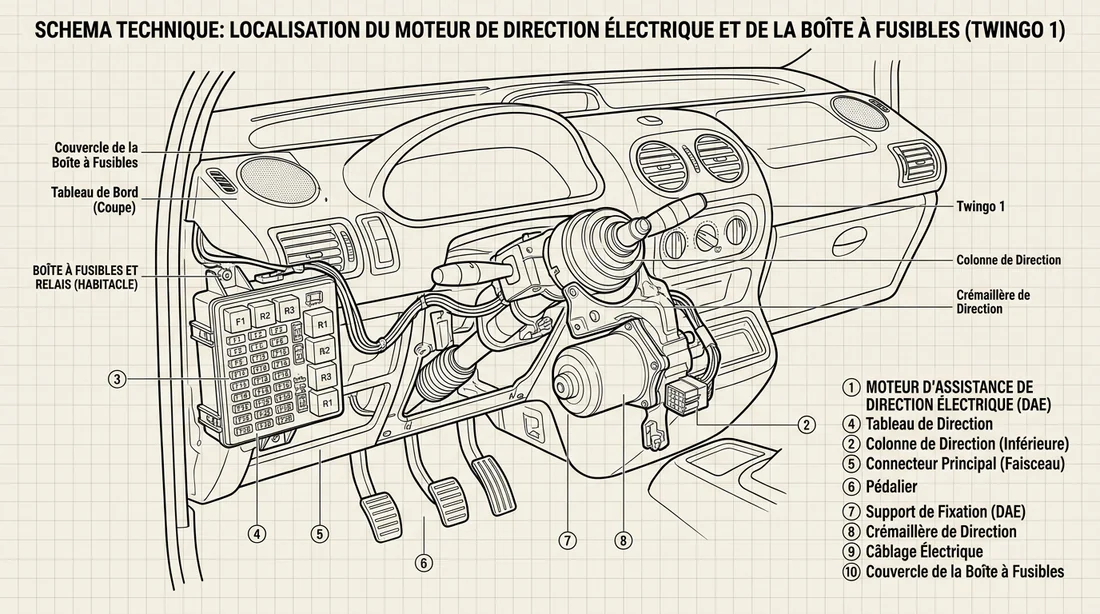 Schéma technique montrant l'emplacement du moteur de direction et des fusibles sur Twingo 1.