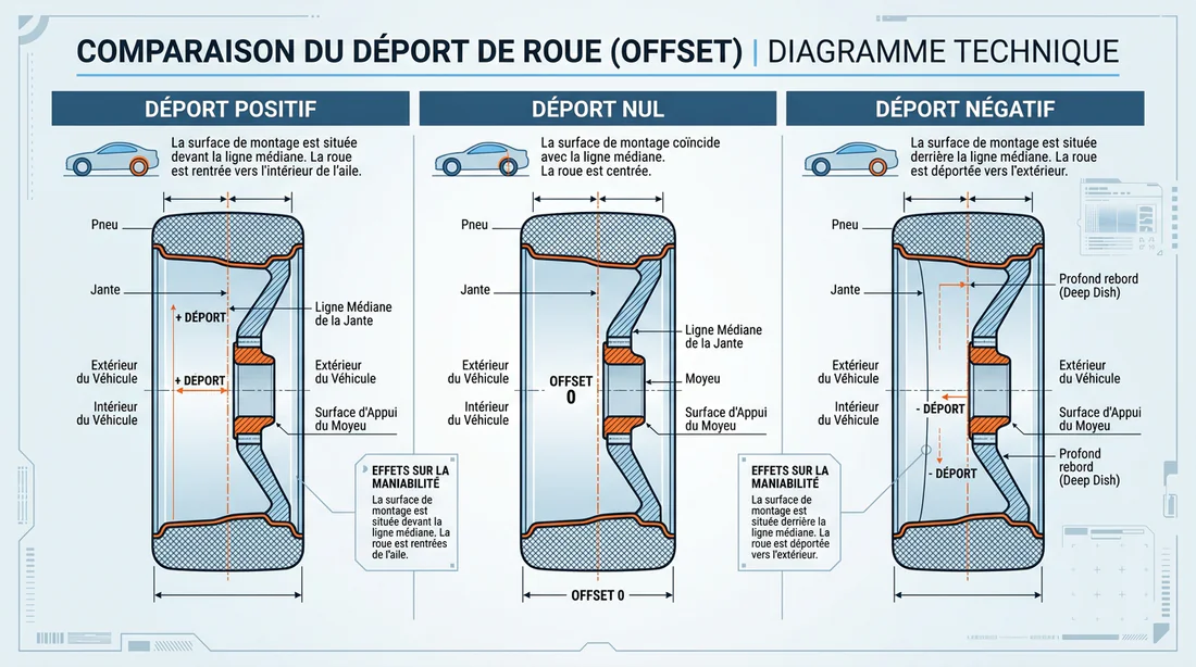 Diagramme explicatif sur la méthode de calcul du déport d'une jante.