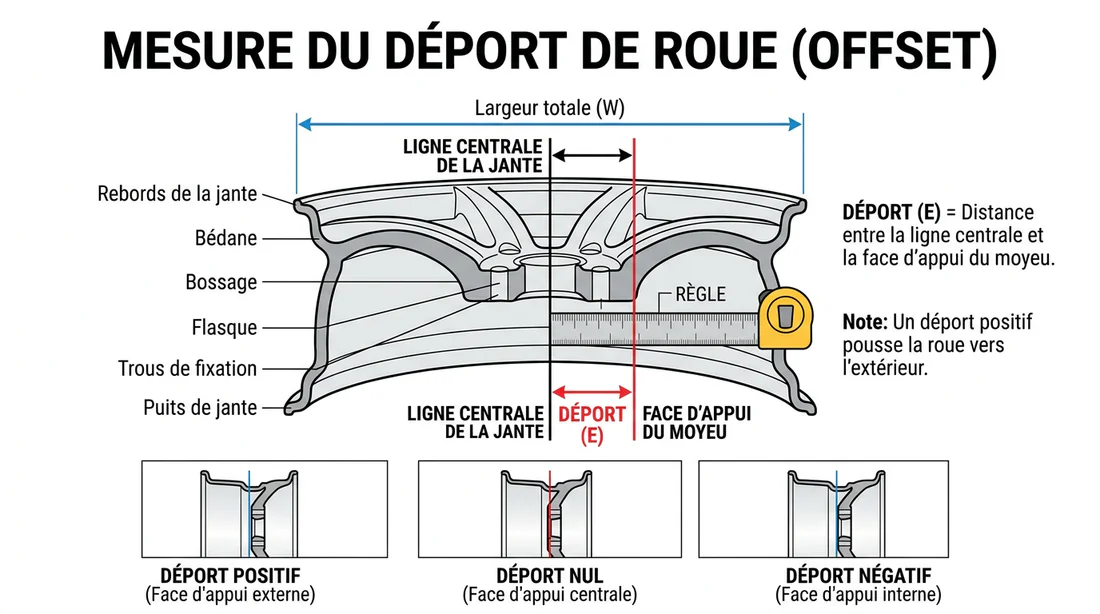 Schéma technique comparatif entre déport positif, nul et négatif.