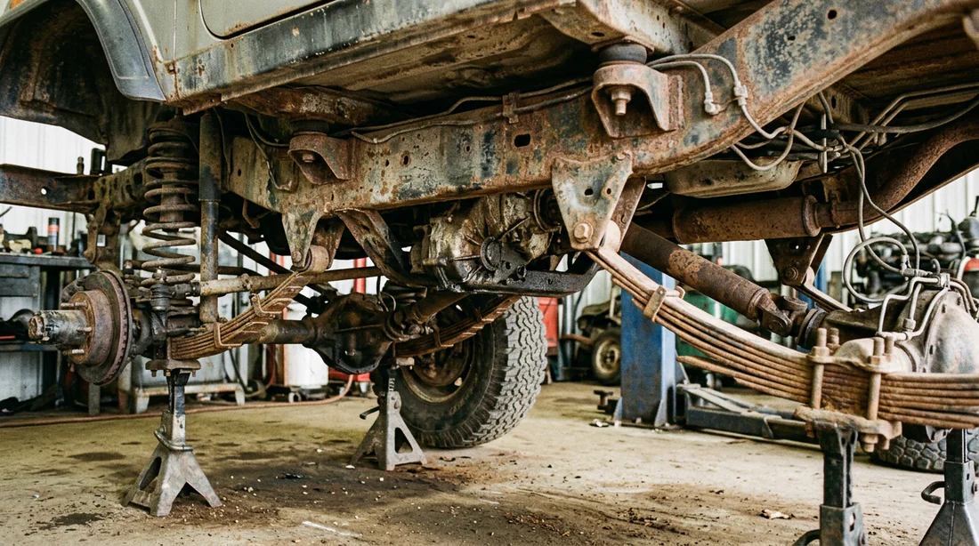 Châssis et soubassement d'un Pajero pour vérification de la corrosion.