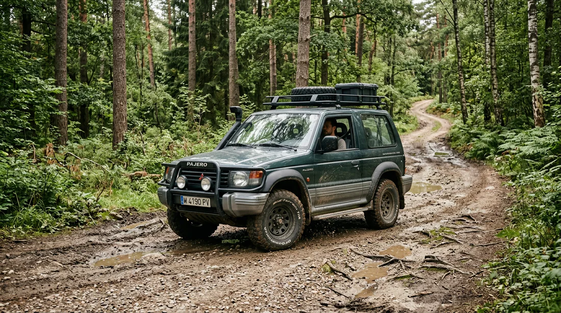 Habitacle et poste de conduite d'un Mitsubishi Pajero des années 90.