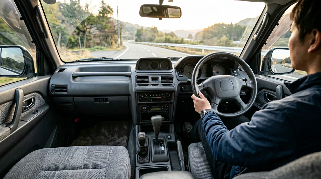Mitsubishi Pajero 2.5 TD franchissant un gué en montagne.