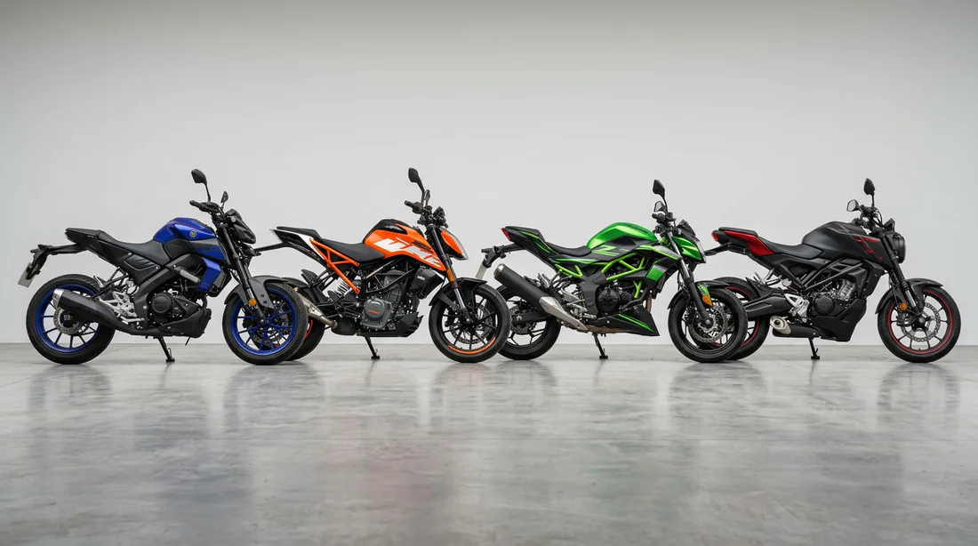 Détails techniques d'une fourche inversée et d'un frein à disque sur une moto 125.