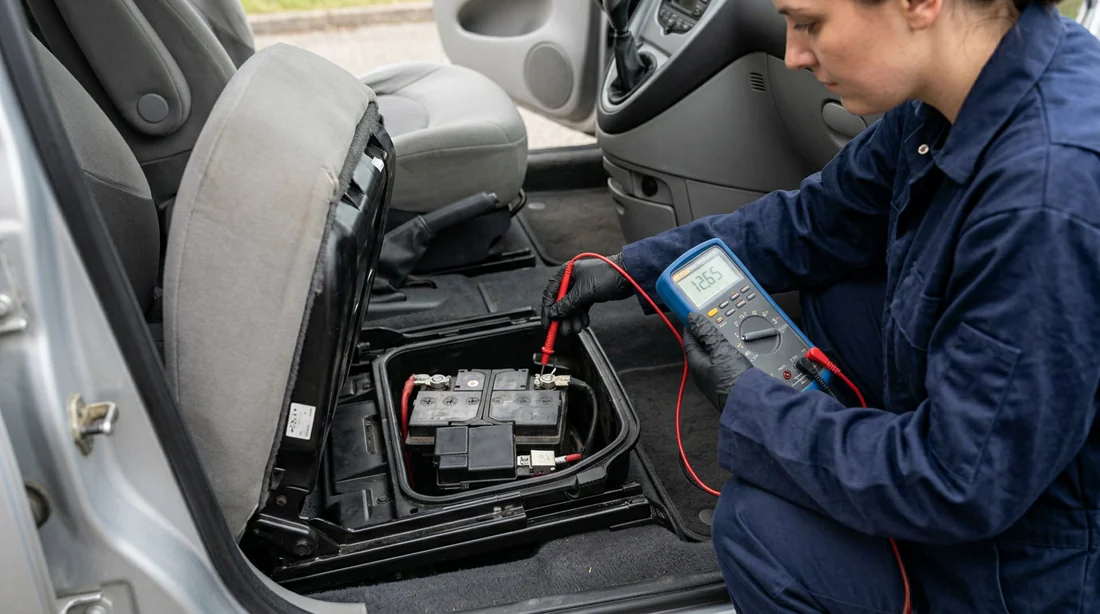 Test de la tension de la batterie d'une Citroën Xsara Picasso avec un multimètre