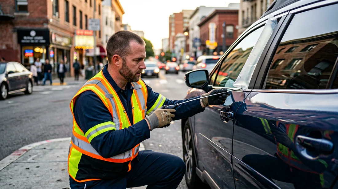 Dépanneur professionnel utilisant des outils spécialisés pour ouvrir une voiture sans clé.