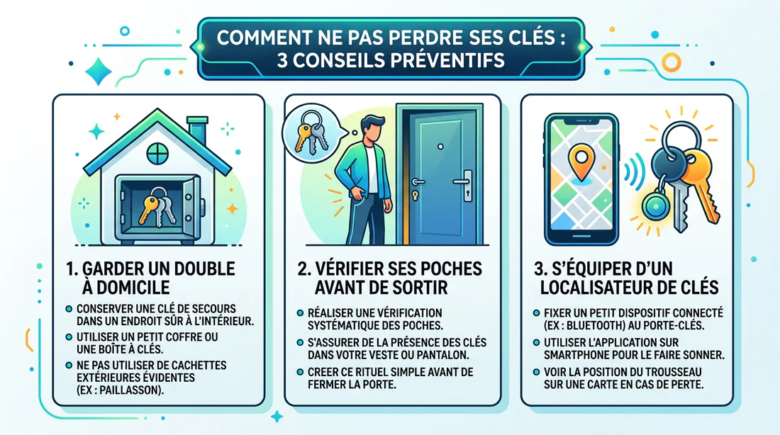 Infographie présentant les conseils pour ne plus oublier ses clés de voiture.
