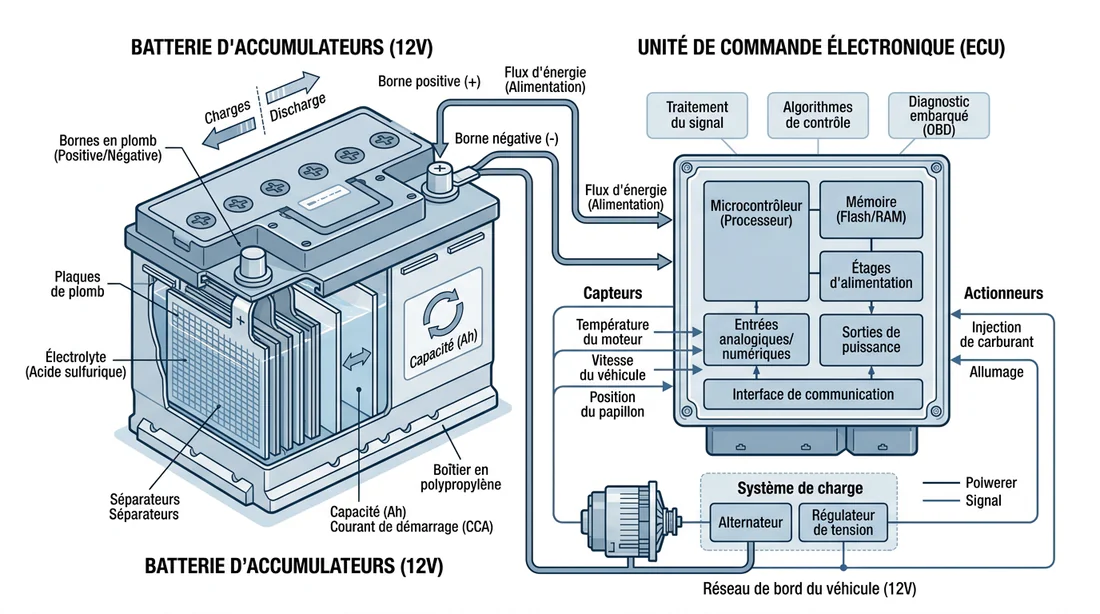 Schéma technique du système électronique et batterie de voiture
