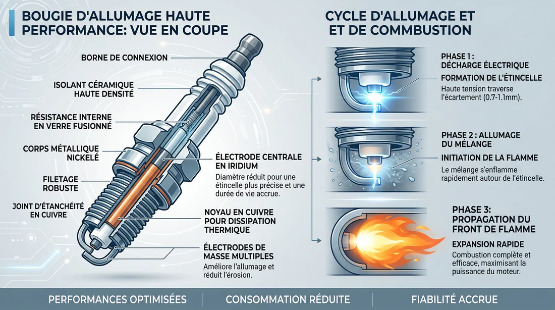 Schéma technique du fonctionnement d'une bougie d'allumage performance.