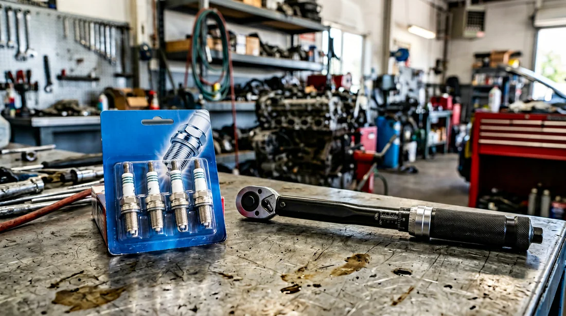 Bougies d'allumage neuves et outillage pour remplacement.